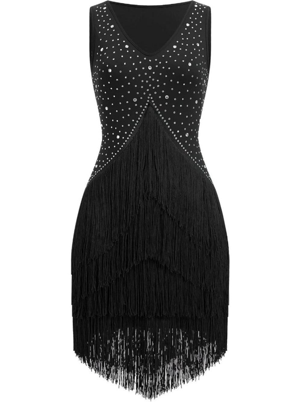 Black Rhinestone Fringe Tiered Latin Ballroom Dance Dress Flapper Sz M-L
